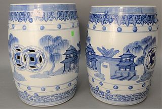 Pair of blue and white Chinese garden seats, landscape with pagoda. ht. 18 in. Provenance: Estate of Mark W. Izard MD, Cider Brook Road, Avon, CT