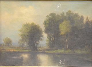 George Harrington (1833 - 1911), oil on canvas, landscape with pond, signed lower left. 8 1/2 " x 12".
