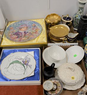 Two tray lots with set of twelve Pickard etched china, heavy gold bread plates, Royal Crown Derby covered sugar, two German porcelain dishes with hors