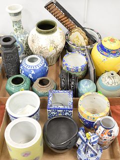 Three tray lots of ceramic pottery vases, Chinese porcelain, Indian pottery bowl, etc. Provenance: The Estate of Ed Brenner, Short Hills N.J.