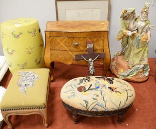 Five piece group to include yellow garden seat with enameled flowers, large porcelain double figure, small French style two drawer chest and two foot 