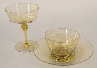 Twelve piece Venetian glass dessert set to include four octagon bowls with underplates. and a set of four twist stemmed sherry glasses, all olive gree