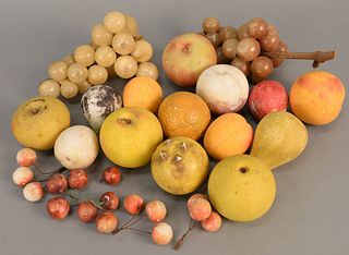 Group of assorted alabaster painted carved fruit. grapes lg. 8 1/2 in. Provenance: Former home of Mel Gibson, Old Mill Rd, Greenwich, CT.
