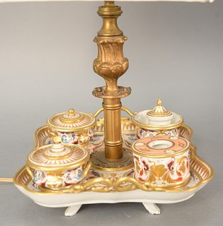 French porcelain ink desk set with tray made into a lamp with bronze candlestick shaft. ht. 21 in. Provenance: The Estate of Ed Brenner, Short Hills N