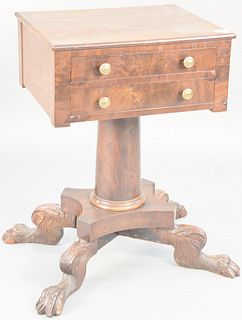 Federal mahogany two drawer work table on paw feet. ht. 29 in., top: 20 1/2" x 17".