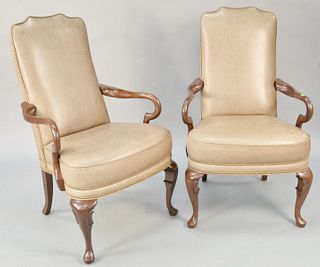Pair of leather Queen Anne style arm chairs. ht. 42 1/2 in., wd. 27 in. Provenance: Former home of Mel Gibson, Old Mill Rd, Greenwich, CT