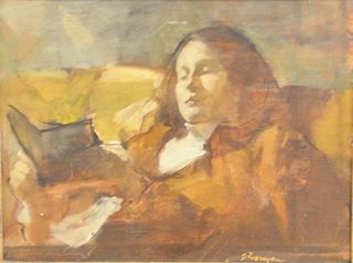 Burton Silverman (B1928), oil on canvas mounted on board, "The Reading Hour", signed lower right silverman, Davis Galleries New York label on back, Ga