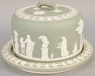 Early Wedgwood covered cheese or cake dish, green and white Jasperware. ht. 6 1/2 in., plate dia. 11 in. Provenance: The Estate of Ed Brenner, Short H