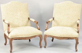 Pair of Louis XV style upholstered arm chairs. ht. 42 in., wd. 31 1/2 in. Provenance: Former home of Mel Gibson, Old Mill Rd, Greenwich, CT