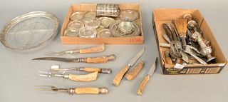 Large group of sterling silver lined or weighted pieces, coasters, handles, horn handled cutlery, etc.