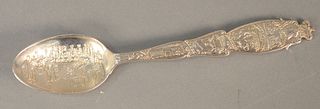 Queen Elizabeth souvenir spoon, sterling, depicts Queen at throne, various scenes to handle, and surmounted by a crown,    
