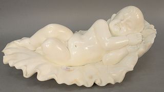 Large Italian Carrara Marble Sculpture of a Sleeping Baby, polished marble figure of a baby boy sleeping on leaf form. 20th century. height 8 1/2 inch