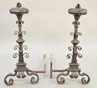 Pair of tall iron andirons. ht. 39 in. Provenance: Former home of Mel Gibson, Old Mill Rd, Greenwich, CT