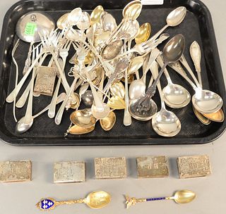 Sterling silver lot including hors d'oeuvre forks, demi spoons, soup spoons and souvenir spoons, and match box holders.31.4 t.oz.