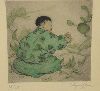 Elyse Lord (1900 - 1977), etching, picking green apple, pencil signed Elyse Lord, numbered in pencil 18/75. image size: 6" x 6" Provenance: The Estate