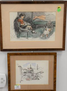 Three Lambro Ahlas (B1928), watercolor and pencil, Orientalist seascape, two kids drawing and town edge, all signed Lambro Ahlas. sight size: 6 1/2" x