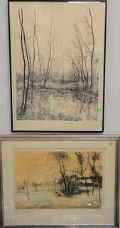 Three landscape lithographs signed illegibly, one #181/185, and another EA. sight size 23" x 14".