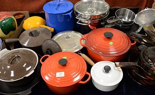 Large group of kitchen cooking pots and pans, cousances enameled covered pots Le Creuset, and Dansk. Provenance: Estate of William and Teresa Patton, 