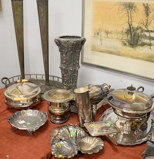 Large group of silver plate and metal items to include covered tureens, vases, trays, dishes, etc. Provenance: The Estate of Ed Brenner, Short Hills N