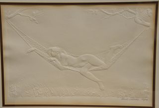 Bruno Lucchesi, cast paper bas relief, nude in a hammock, pencil signed lower right Bruno Lucchesi 122/125. plate size 9 1/2" x 14 1/2". Provenance: T