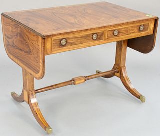 Rosewood sofa table with drop leaves and two drawers, band and panel inlays. ht. 27 in., top open: 24" x 60 1/2", top" 24" x 36". Provenance: Estate o
