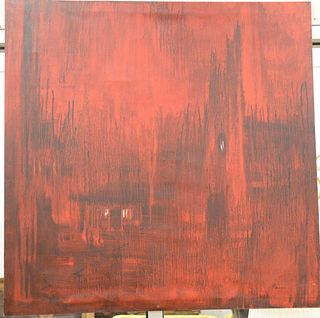 Five piece lot in include five oil canvas paintings signed illegibly, oil on canvas red abstract signed illegibly lower right (Pridraga?), oil on canv