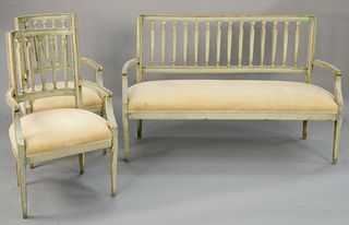 Three piece Italian Neoclassical set including settee and two arm chairs. settee lg. 60 in. Provenance: Former home of Mel Gibson, Old Mill Rd, Greenw