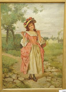 Percy Moran (1862 - 1935), oil on canvas, young girl in pink dress, signed lower right E.Percy Moran 1884. 14" x 10". Provenance: The Estate of Ed Bre