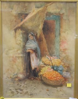 Percy Moran (1862 - 1935), watercolor on paper, Fruit Stand, signed twice lower right E Percy Moran. 20 1/2" x 15 1/2".