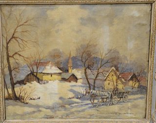 Framed oil on canvas Bela Nemeth (1880), snow landscape with horse and wagon, signed lower right, 16" x 19 3/4".