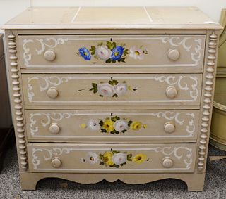 Pine painted decorative four drawer chest, (four holes in top). ht. 35 1/2 in., wd. 39 in. Provenance: Former home of Mel Gibson, Old Mill Rd, Greenwi