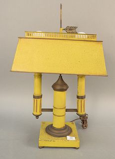 Vintage yellow painted tole double student lamp with adjustable shade. ht. 25 in. Provenance: Former home of Mel Gibson, Old Mill Rd, Greenwich, CT