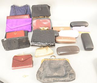 Group of purses, hand bags, and glasses to include Whiting Davis Magid, De Vecchi, brand new leather tote by Fran Razooks, gold Pfeil purse, Judith Le