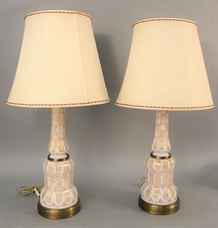 Pair of white opaline glass table lamps having gold decoration and enameled rose jewels. total ht. 30 in. Provenance: Estate of William and Teresa Pat