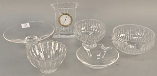 Six piece crystal group to include Waterford crystal mantle clock, three Waterford bowls, two Steuben crystal bowls. clock ht. 7 in. Provenance: Estat