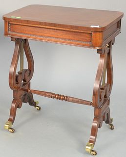Contemporary mahogany table with lyre base. ht. 27 in., top: 16" x 22". Provenance: Estate of William and Teresa Patton, Lake Ave Greenwich, CT