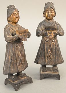 Pair of bronze Chinese figures standing on square base. ht. 8 3/4 in. Provenance: Estate of William and Teresa Patton, Lake Ave Greenwich, CT