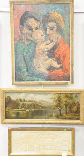 Three framed pieces to include Irwin Lefcourt, 20th century, oil on canvas of three figures, signed lower left Lefcourt, landscape with swanns in a pa