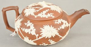 Wedgwood Jasperware teapot, Chinese/Asian influence with apple blossom tree and blossoming flowers impressed, Wedgwood on bottom. ht. 3 1/2 in., lg. 7
