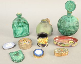 Small group of assorted items to include two malachite glass perfume bottles, three boxes, pin, oval tray green glazed vase with frog and a toothpick 