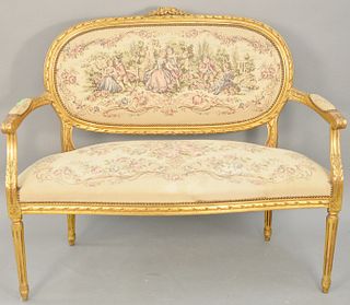 Louis XVI style loveseat with tapestry upholstery. ht. 39 1/2 in., wd. 47 in.