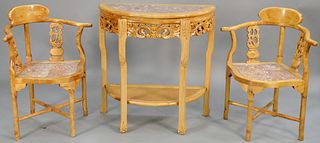 Three piece Chinese style set to include two corner chairs and demilune table each with inset marble tops. table ht. 29 in., wd. 37 in.