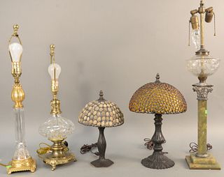Five table lamps to include Waterford crystal table lamp, crystal candlesticks lamp, alabaster oil lamp, boudoir lamp with shell shade, and a small la