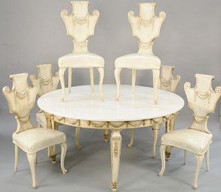 Seven piece lot to include Neoclassical style dining table with round marble top and six Louis XV style side chairs with leather seats, all with white