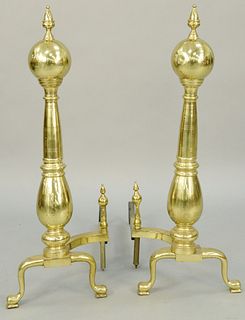 Pair of Monumental Brass Andirons, 20th century. height 43 1/2 inches, width 15 1/2 inches, depth 30 inches.