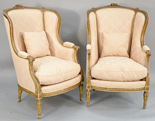 Pair of Louis XIV style bergers with custom silk upholstery. ht. 42 1/2 in., wd. 28 in. Provenance: Former home of Mel Gibson, Old Mill Rd, Greenwich,