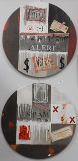 Pair of round paintings on plywood, titled "Spam" and "Alert," both signed illegibly. dia. 23 1/2"