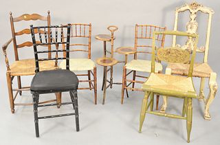 Six piece lot to include three bamboo turned side chairs, three tier stand, Hitchcock chair and a yellow painted side chair with rush seat. ht. 33 in