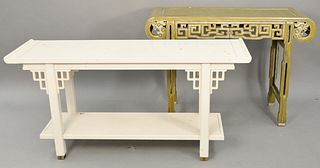 Two Chinese style alter tables, one green and one white. green ht. 32 1/2 in., top: 15" x 46", white ht. 27 1/2 in., top: 15" x 56". Provenance: The E