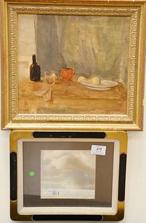 Four framed pieces to include oil on board, signed lower left illegibly, still life; watercolor ocean seascape with figures initialed lower left L.M.M